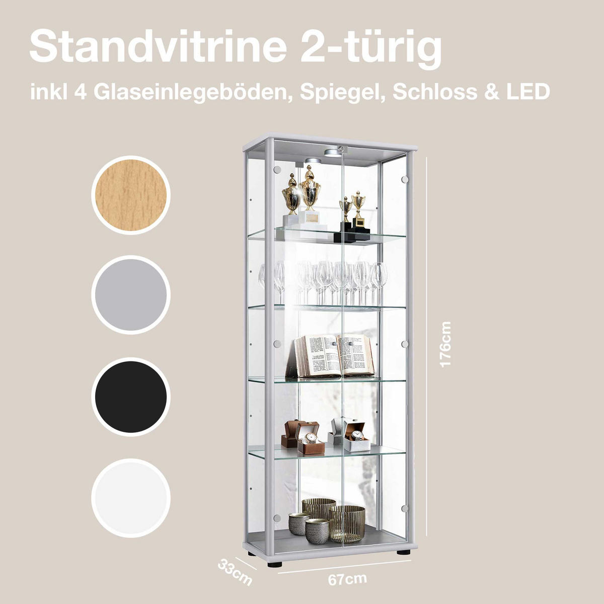 GLASVITRINE 33/67/176 cm mit Spiegel, LED, Schloss & 4 höhenverstellbaren Glasböden - Transparent/Silberfarben, Glas/Holzwerkstoff (67/176/33cm) - K-Möbel