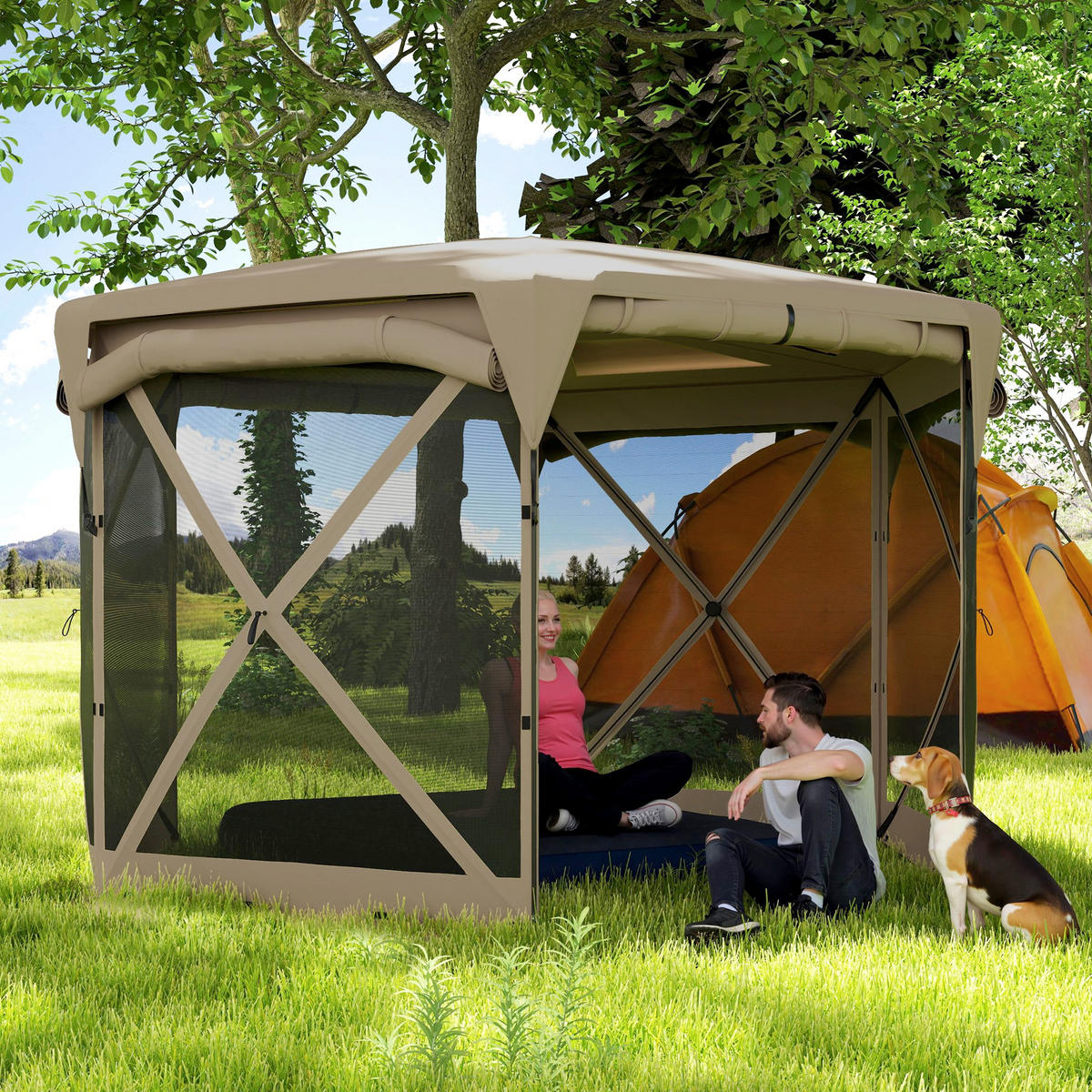 PAVILLON sechseckig ca. 3,5x 3 m - Beige, Kunststoff (300/210/345cm) - Outsunny