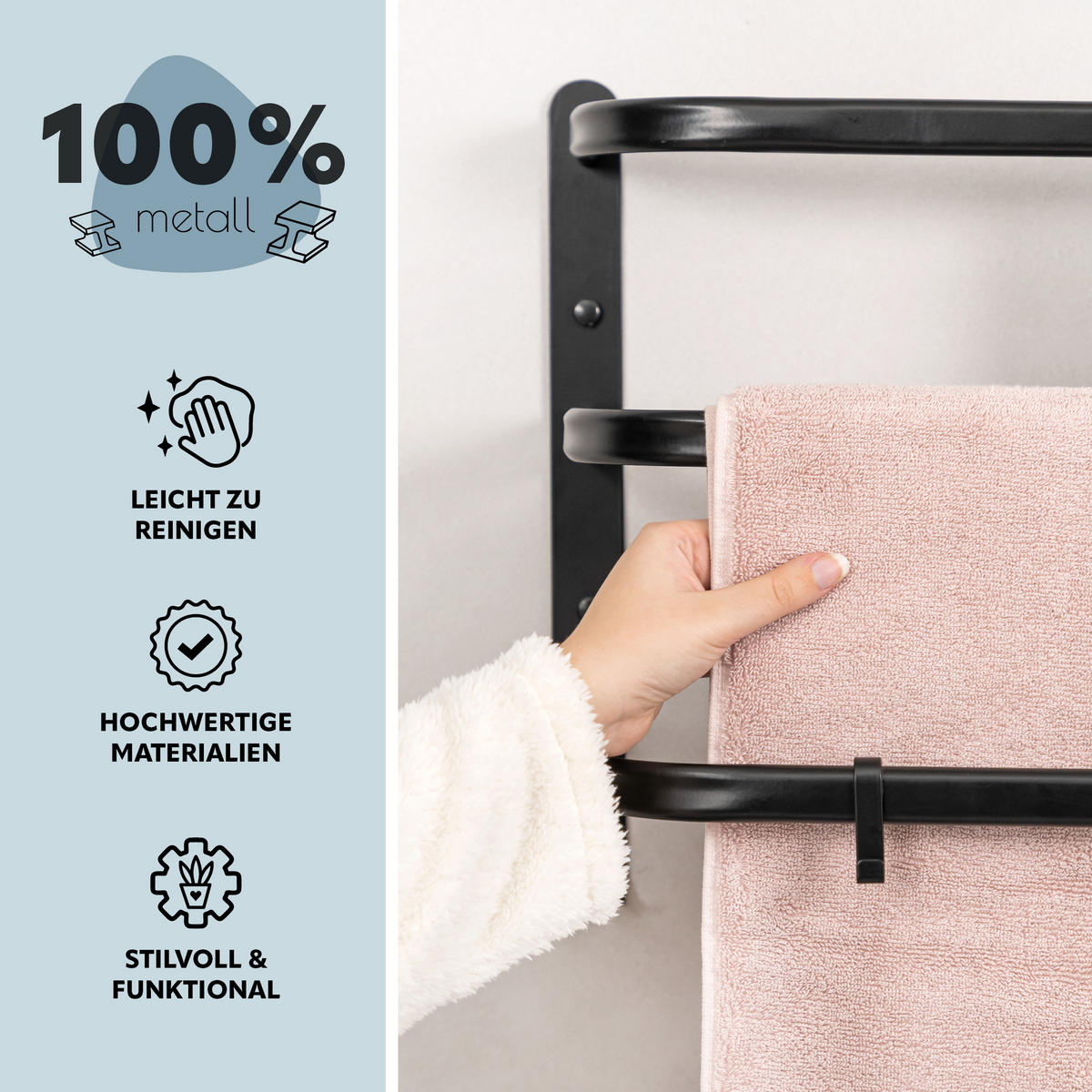 WAND-HANDTUCHHALTER 3 Stangen, schwarz - Schwarz, Metall (67.5/40/23cm) - bremermann