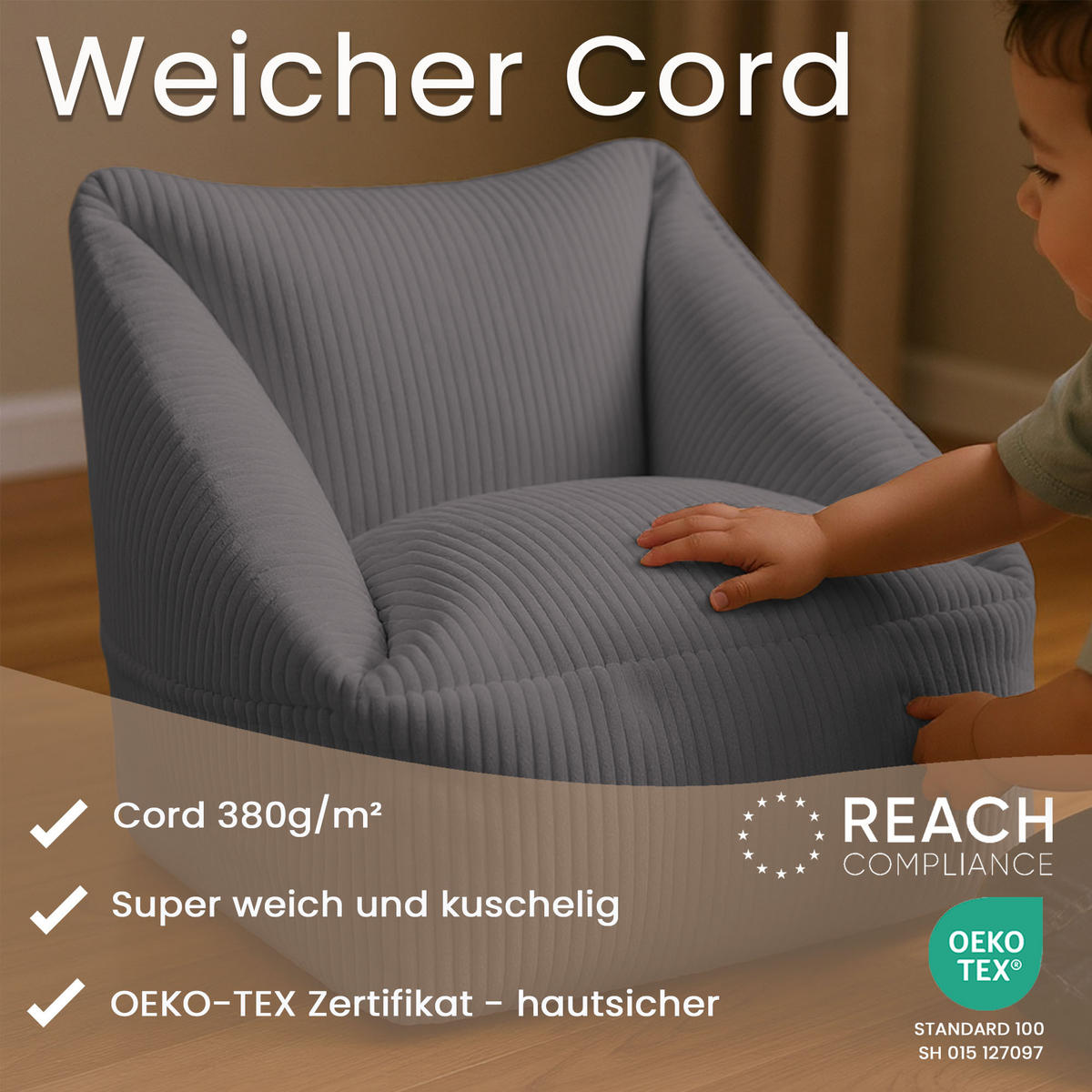 SITZSACK-SESSEL Bambino 55/60/55 cm, weicher Cord 380 g/m², mit Griff & Seitentasche, Dunkelgrau - Dunkelgrau, Textil (55/55/60cm) - Dreamroots