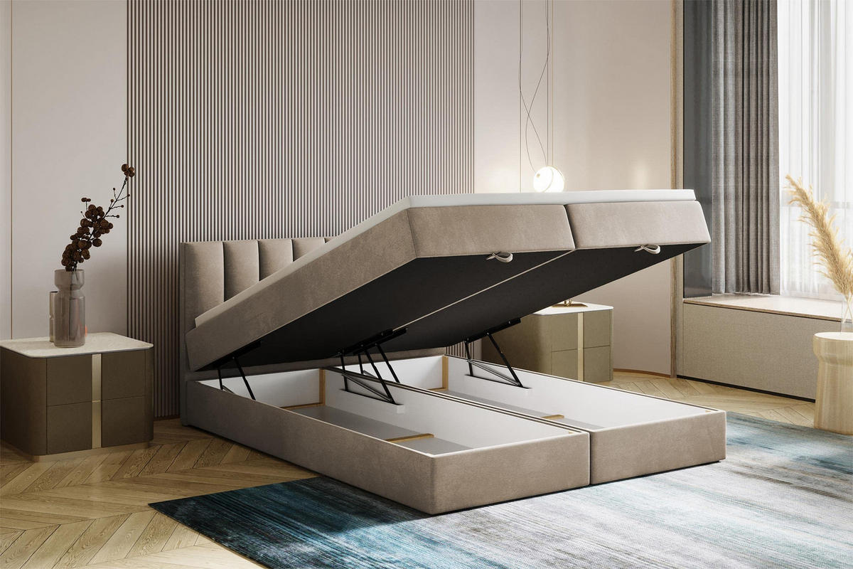 BOXBETT 140 x 200 cm mit Bonellmatratze H3, CITY, Elegant gestepptes Kopfteil und Topper 5cm, Bettkasten, Beige - Beige, Holzwerkstoff/Kunststoff (140/200cm) - Trada