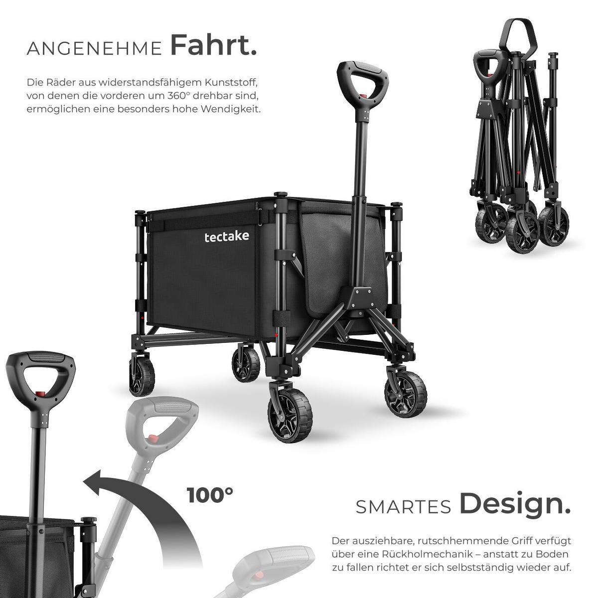 BOLLERWAGEN Smartrider, Inklusive Einlegeboden, Reflektorstreifen, Belastbarkeit 60 kg, schwarz - Schwarz, Kunststoff (47/90/83cm) - tectake