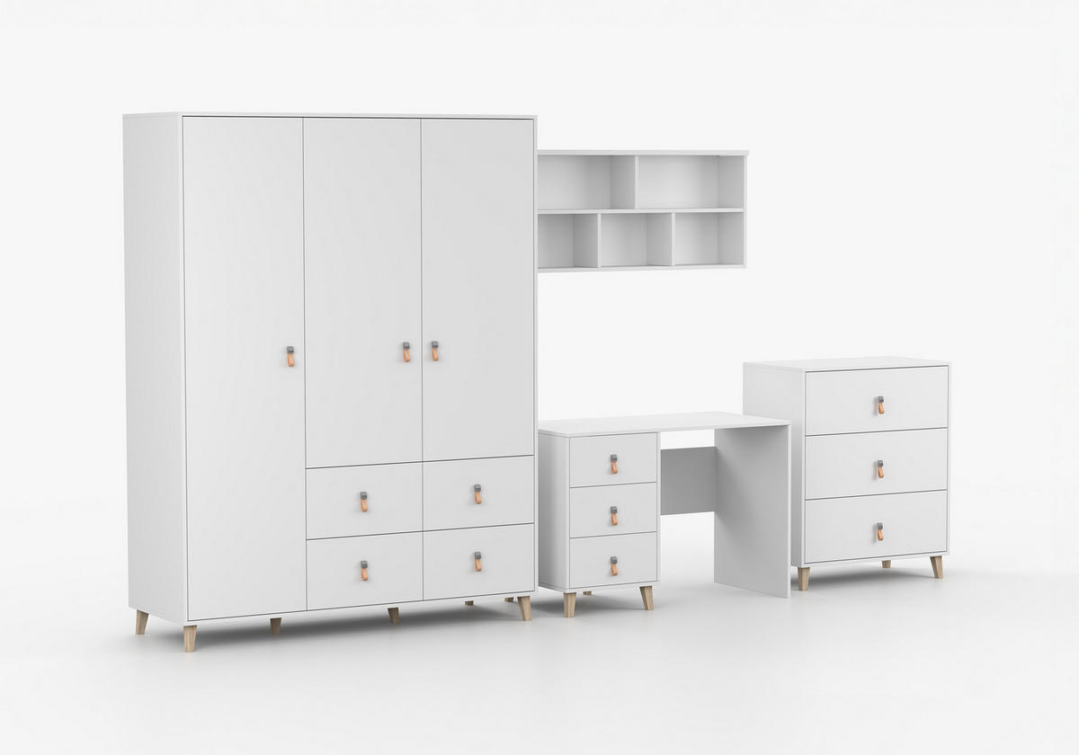 JUGENDZIMMER Svala 4 teilig in Weiß, Skandinavischer Stil, großer Kleiderschrank, Schreibtisch, Kommode 02, Wandregal - Weiß, Holzwerkstoff (80/200/120cm)