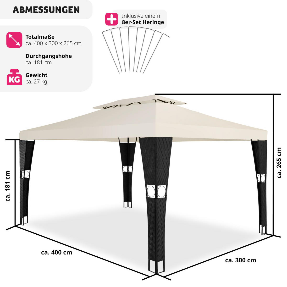 RATTAN GARTENPAVILLON Mona,inklusive Heringen,schwarz/creme - Creme/Schwarz, Kunststoff (300/265/400cm) - tectake