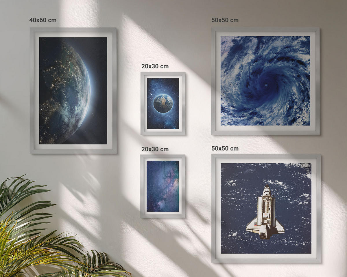 WANDBILDER 5er Set - 50x50 cm & 20x30 cm & 40x60 cm Silberner Rahmen - Erde Weltraumsturm Galaxie - Silberfarben, Kunststoff (40/60cm) - ArtPrintCave
