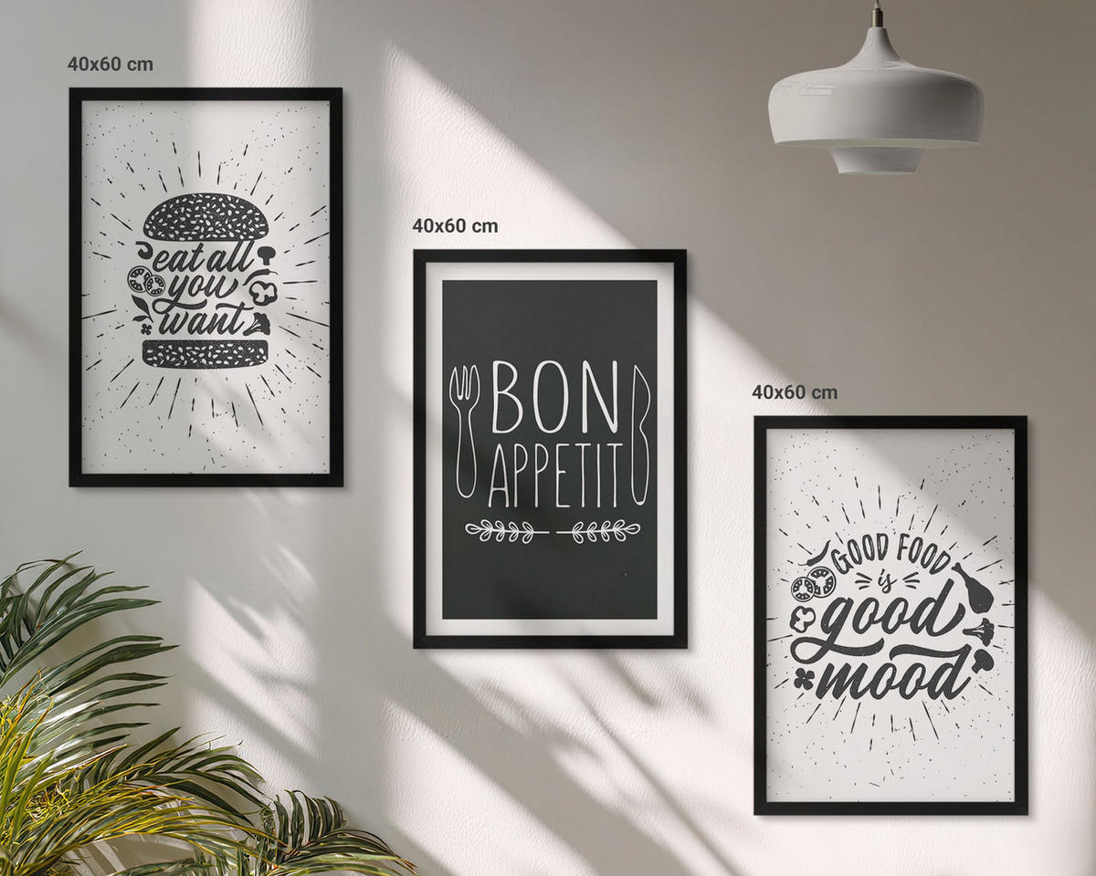 BILDER SET 3er Set - 40x60 cm Schwarzer Rahmen - Grafiken, Lebensmittel, kulinarische Slogans - Schwarz, Kunststoff (40/60cm) - TULUP