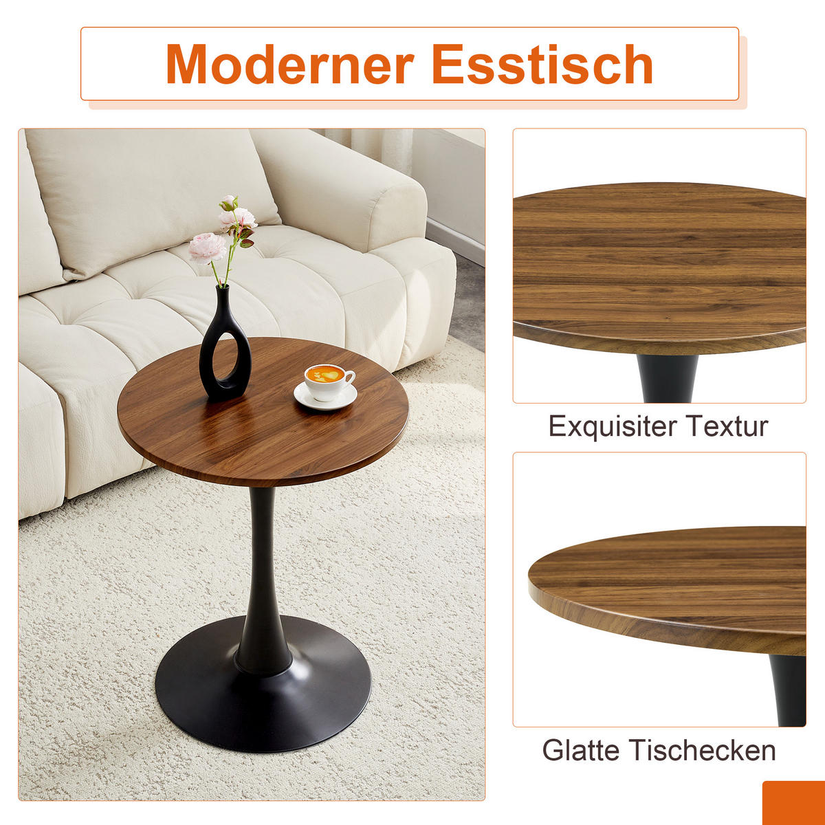 BEISTELLTISCH 60/60/72 cm walnussfarben/schwarz aus MDF und Metall mit runder Tischplatte - Schwarz, Holzwerkstoff (60/60/72cm) - OKWISH