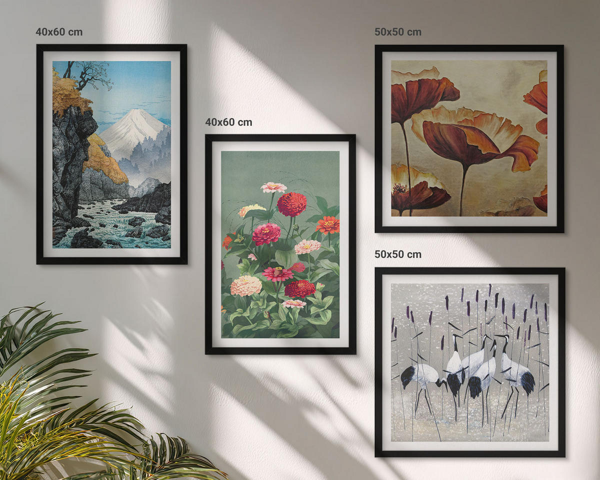 BILDER SET 4er Set - 50x50 cm & 40x60 cm Schwarzer Rahmen - Berge, Wasserfälle, Vögel, Blumen - Schwarz, Kunststoff (50/50cm) - TULUP