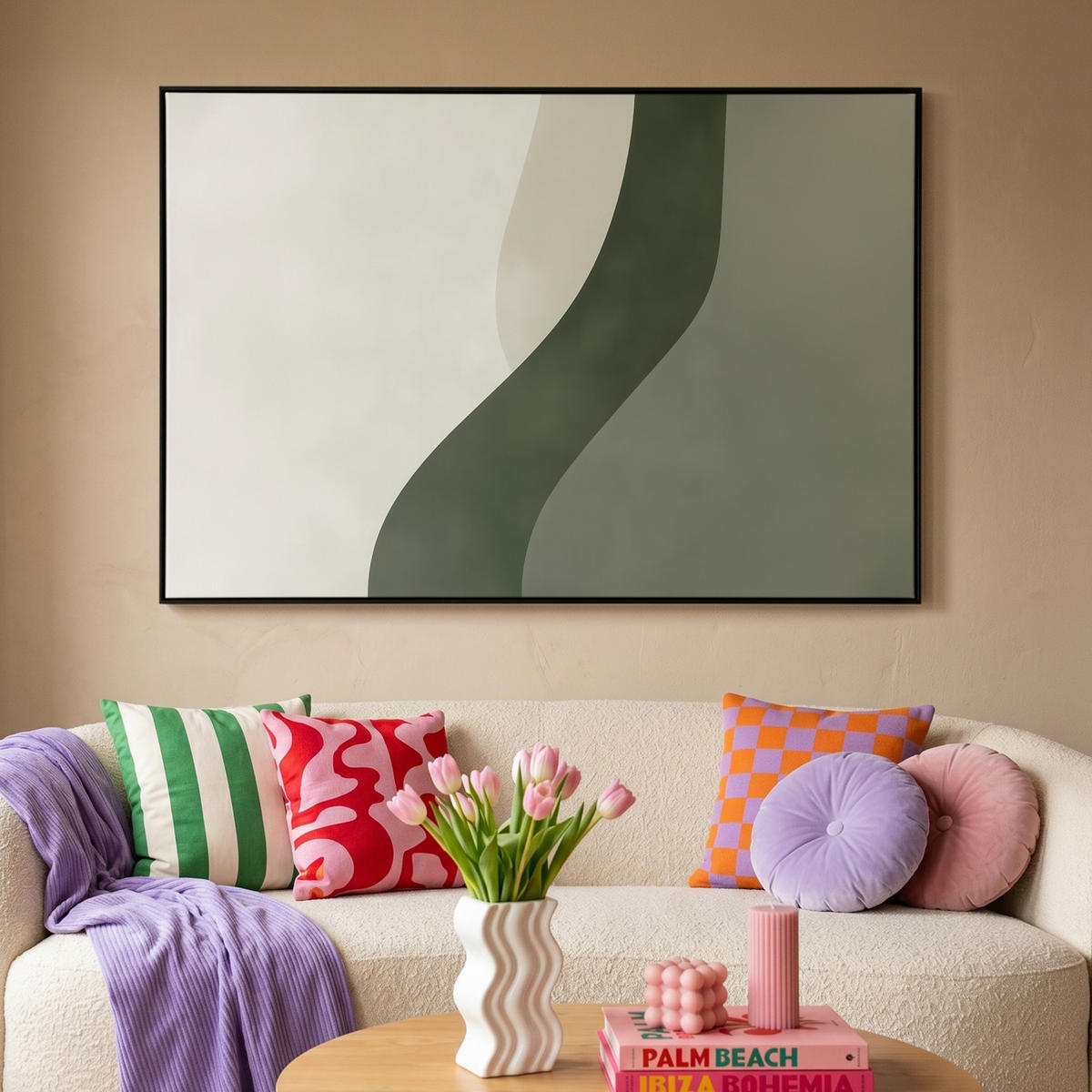 LEINWAND Bilder mit Rahmen - Japandi - Grün - Abstrakt - Modern - 140x90 - Salbeigrün, Textil (140/90cm) - MuchoWow