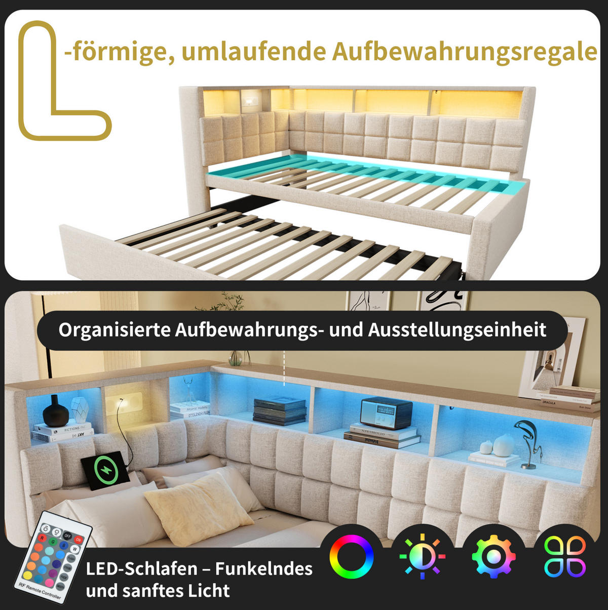 POLSTERBETT 90/200 cm mit Ausziehbett, LED, Bluetooth-Lautsprecher, USB-A/USB-C und Stauraum, Leinenoptik, Beige - Beige, Textil (90/200cm) - Redom