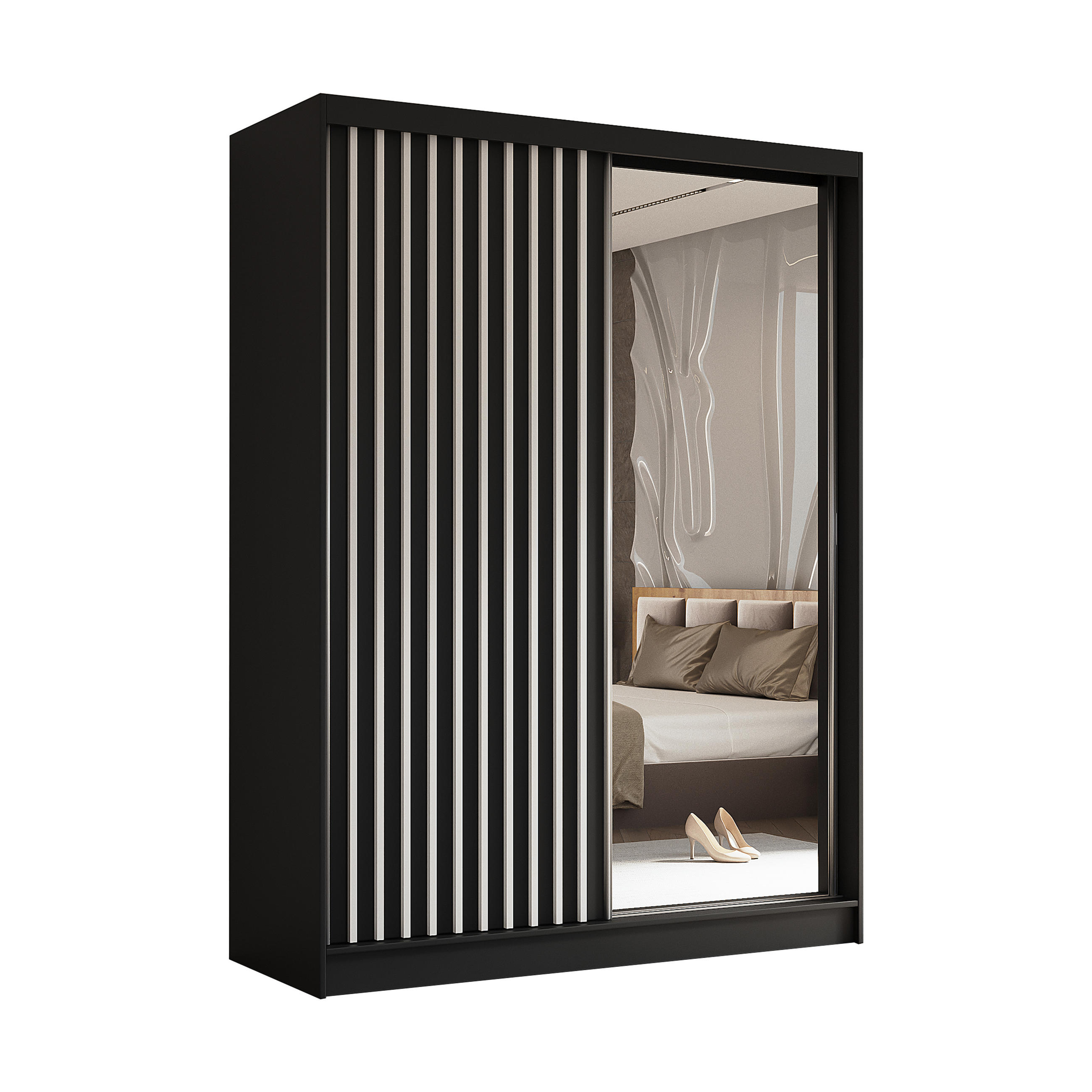 SCHWEBETÜRENSCHRANK LAMELLO 160/216/61 cm 2-türig mit Spiegel Schwarz - Schwarz, Holzwerkstoff (160/216/61cm) - MASSENO