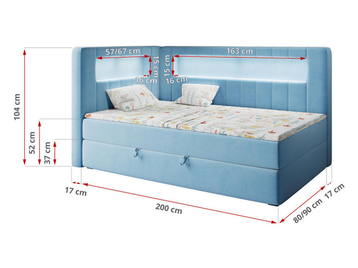 BOXSPRINGBETT JUNIOR GOLD 3 90/200 Blau - linke Seite - Blau, Holz/Textil (90/200cm) - MKS