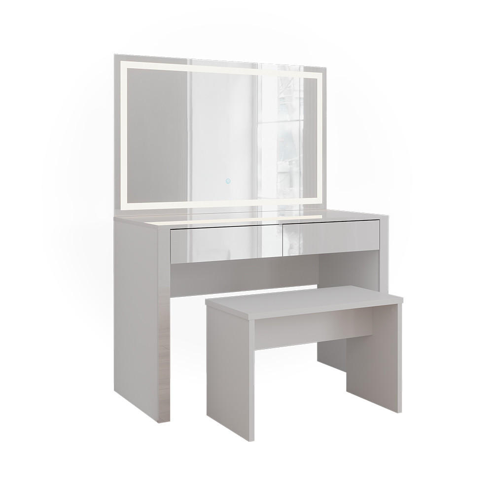 SCHMINKTISCH Annabelle Weiß Hochglanz/Weiß 110 cm mit LED-Spiegel und Bank - Weiß Hochglanz/Weiß, Holzwerkstoff (110/75.5/50cm) - Vicco