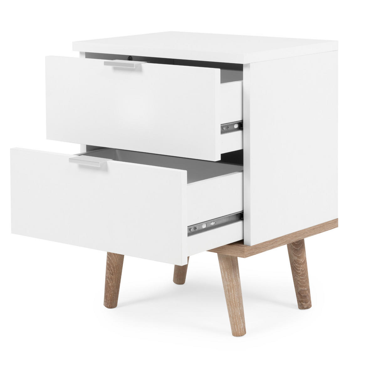 NACHTTISCH weiß matt, Eiche Sonoma massiv 40 cm, Nachtkommode mit 2 Schubladen - Chromfarben/Eichefarben, Holz/Holzwerkstoff (40/52/30cm) - Furn.Design