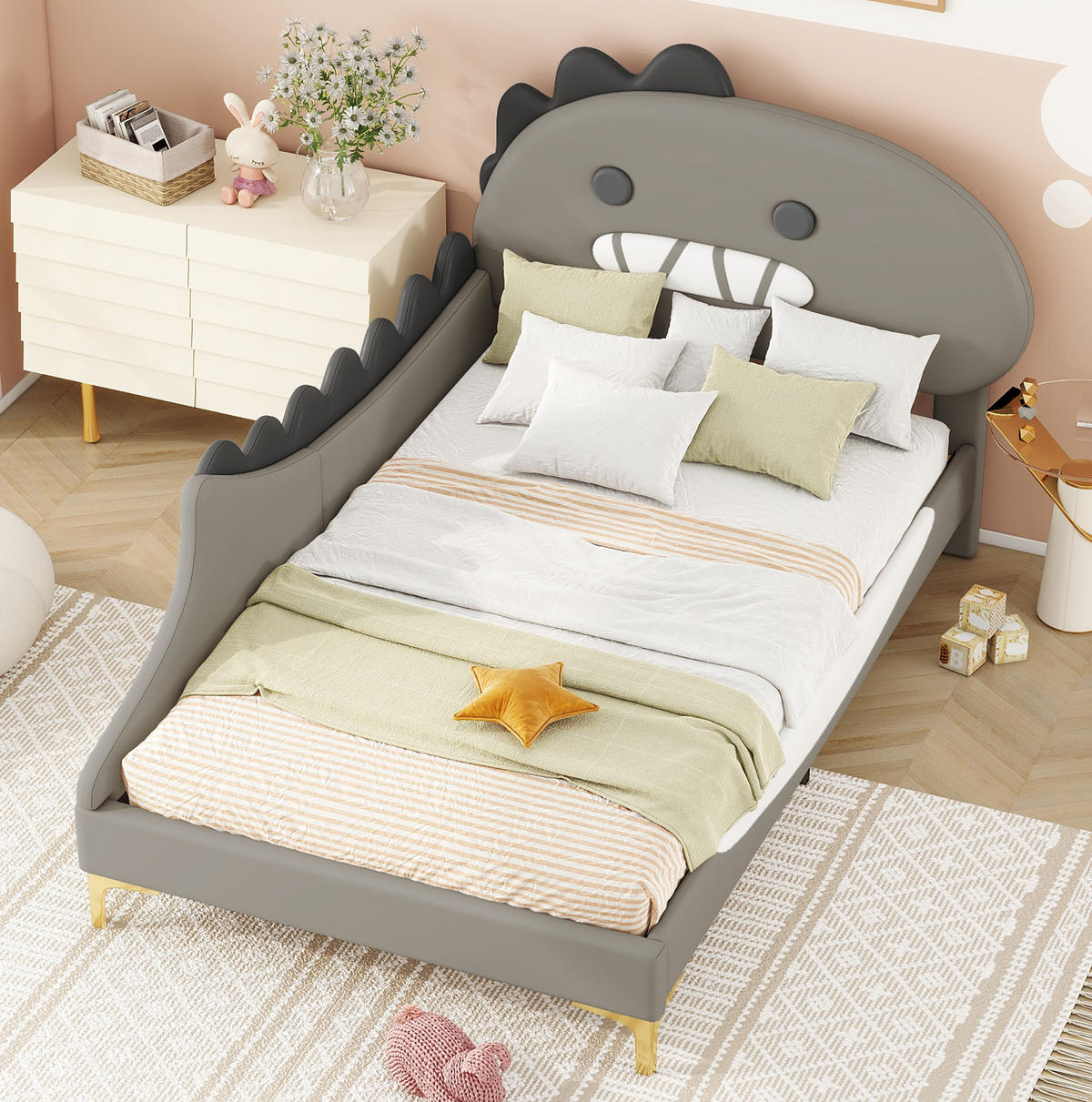 KINDERBETT 90/200 cm in Grau mit Dinosaurier-Kopfteil aus PU und MDF - Grau, Kunststoff (90/200cm) - BEAOK