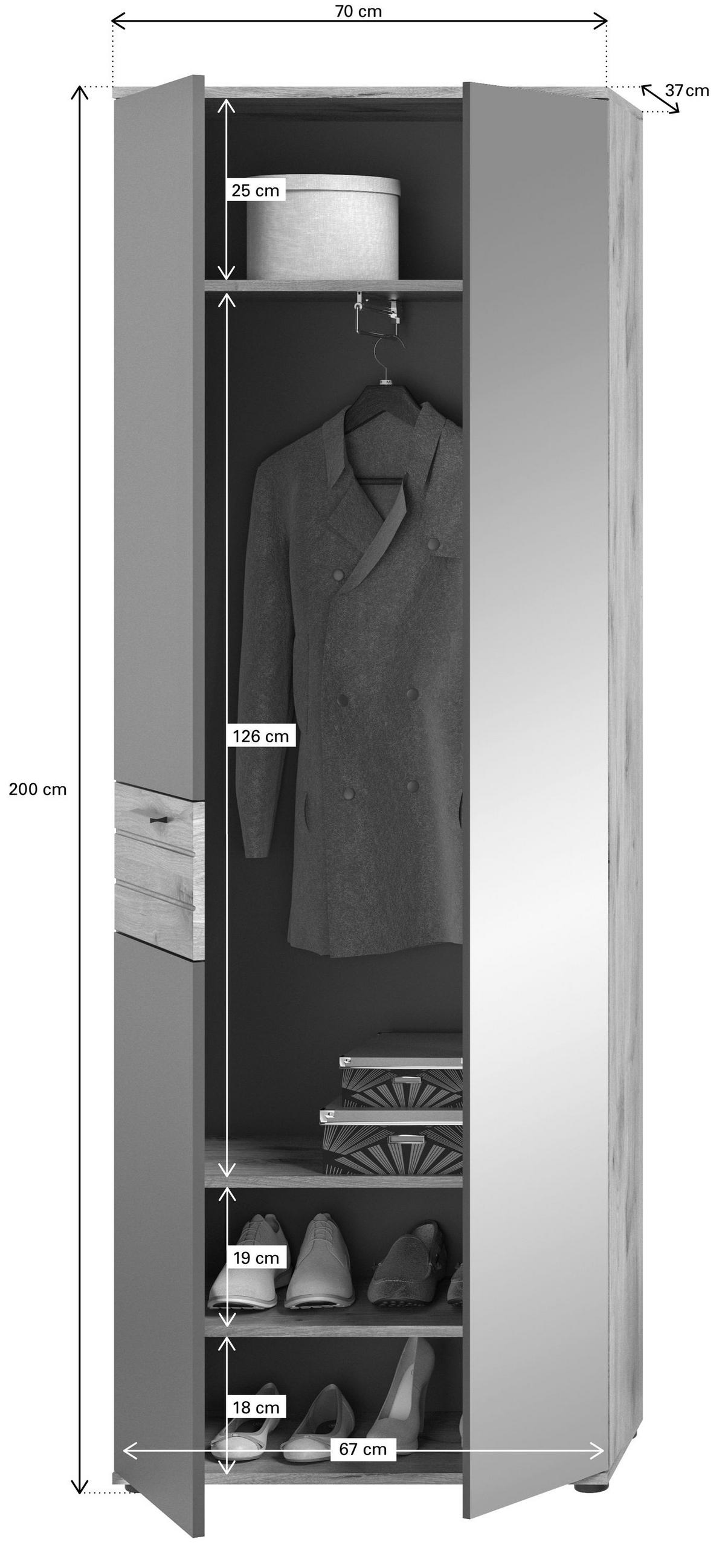 GARDEROBENSCHRANK MASON (B/H/T: ca. 70/200/37 cm) in Nox Oak Nachbildung/Basalt grau - Eichefarben, Holzwerkstoff (70/200/37cm)