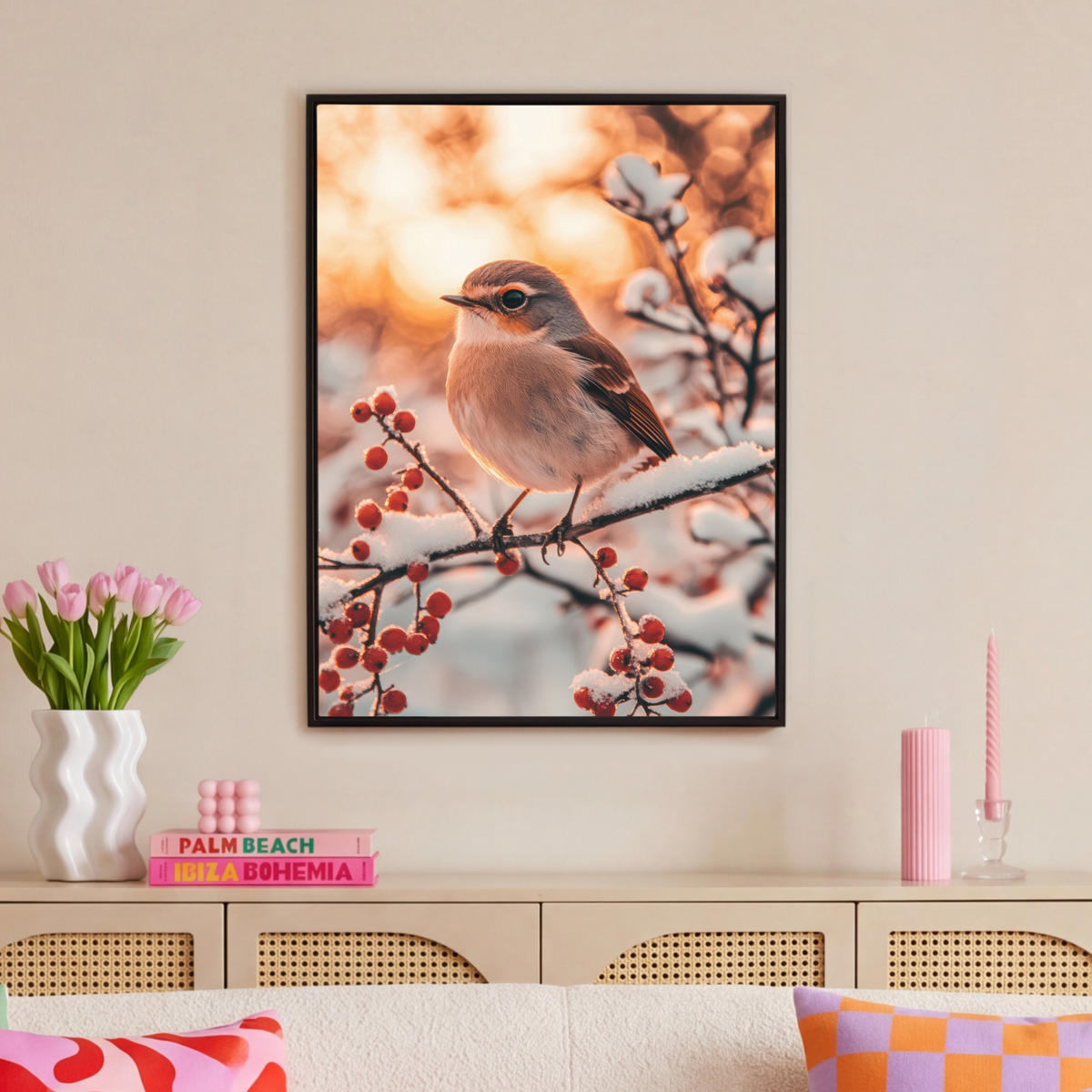 LEINWAND Bilder mit Rahmen - Vogel - Zweig - Winter - Tiere - Schnee - 70x100 - Bernsteinfarben, Textil (70/100cm) - MuchoWow
