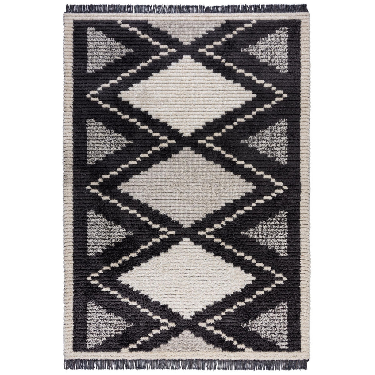 TEPPICH Berber-Design mit Quasten SWALE TESS, Schwarz-Beige 120x170 cm - Schwarz, Textil (120/170cm) - KADIMA DESIGN