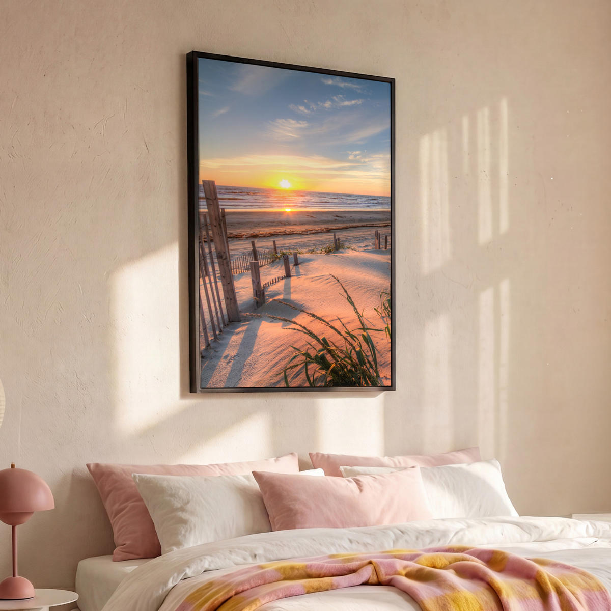 LEINWAND Bilder mit Rahmen - Strand - Meer - Düne - Sonnenuntergang - Landschaft - 80x120 - Beige, Textil (80/120cm) - MuchoWow