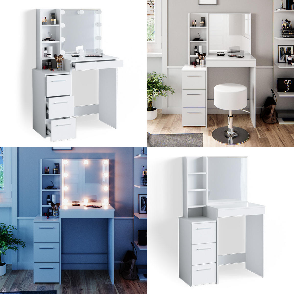 SCHMINKTISCH Meryl Weiß 79.9 cm mit LED Beleuchtung und Hocker - Weiß, Holzwerkstoff (40/127.4/79.9cm) - Vicco