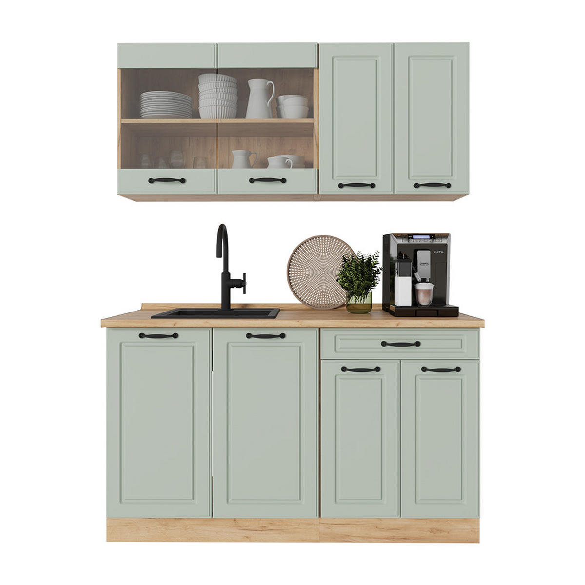 SINGLEKÜCHE R-Line, Mint Landhaus/Goldkraft Eiche, 140 cm Arbeitsplatte Marmor - Honigeiche/Grün, Holzwerkstoff (140/81.6/60cm) - Vicco