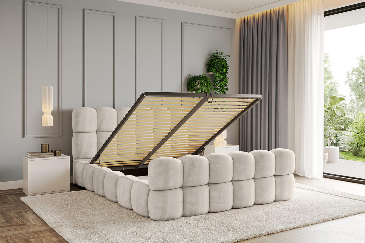 POLSTERBETT mit Bettkasten, Fußteil und Lattenrost, Boxbett ohne Matratze - LEYA-Z 120x200 Beige - Beige, Holzwerkstoff/Textil (120/200cm) - ALTDECOR