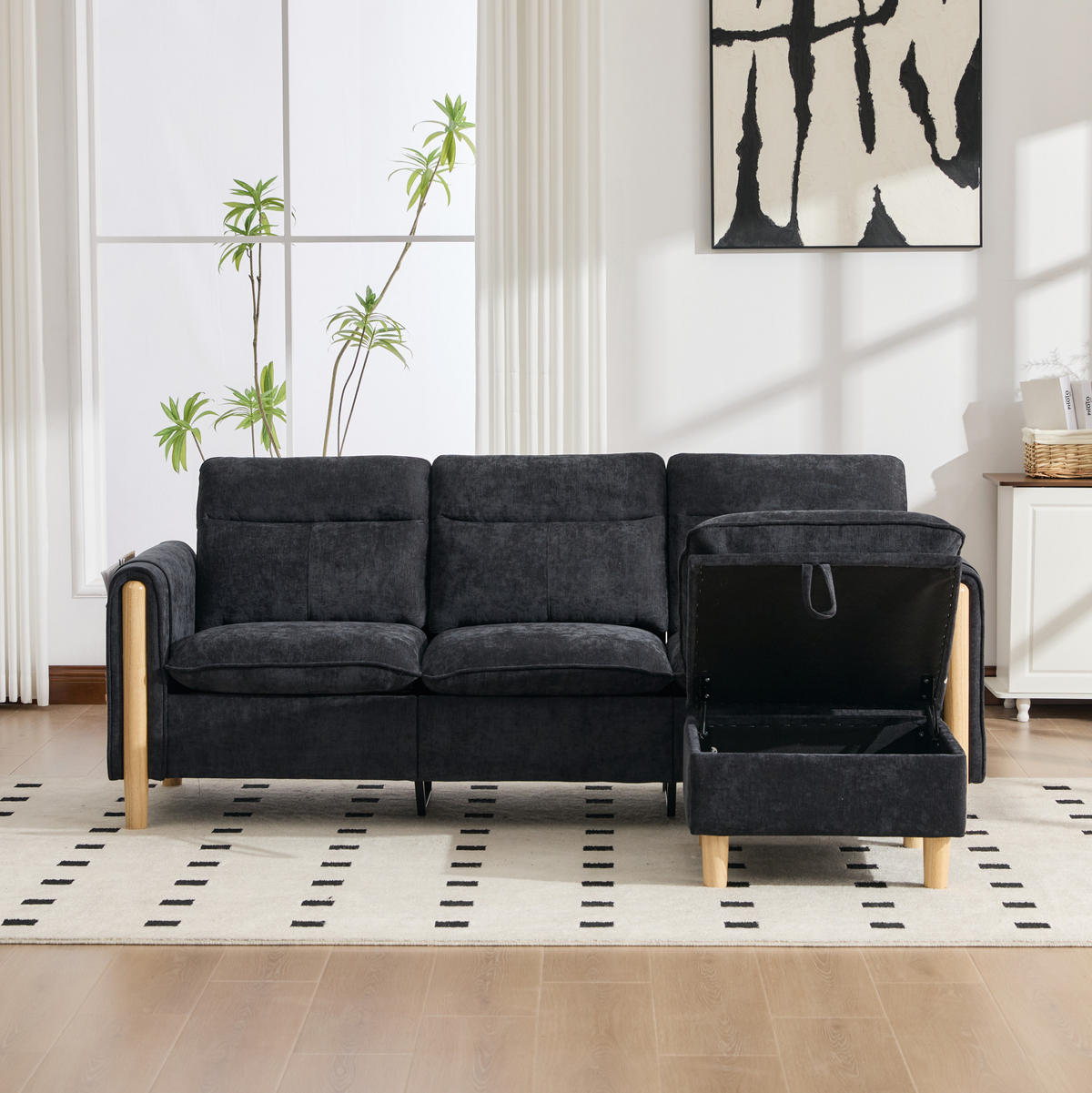SOFA mit Stauraum-Hocker L-Form 201 cm Chenille Schwarz - Schwarz, Holz (77/201cm) - Meubliv