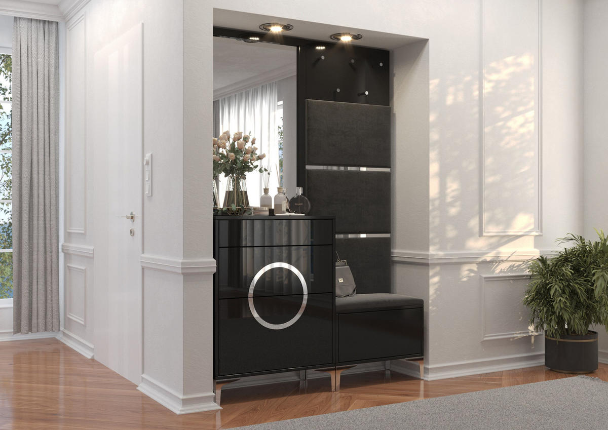 GARDEROBE Eveline, Schwarz, Silberne Akzente, Hochglanz - Schwarz Hochglanz/Silberfarben, Holzwerkstoff/Textil (130/195.5/41cm) - Kayani