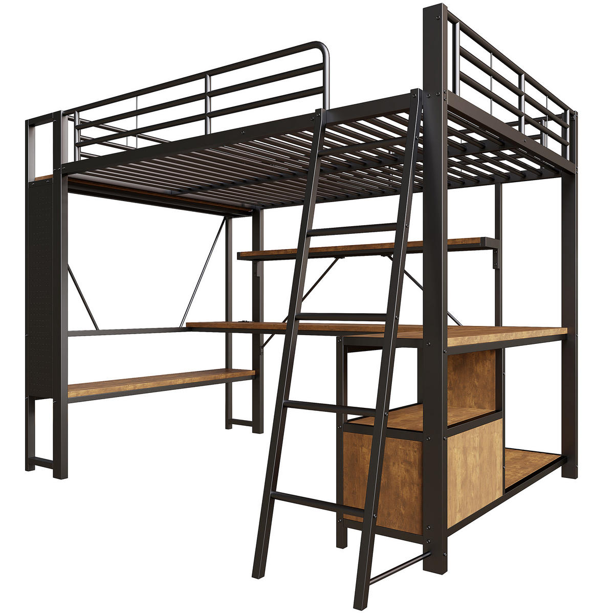 HOCHBETT aus Metall und MDF 140x200 cm Schwarz mit Schreibtisch, LED-Leiste, USB-Anschlüssen und Stauraum - Schwarz, Metall (140/200cm) - IVMEU
