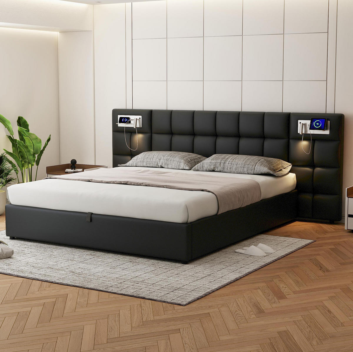POLSTERBETT mit Stauraum, USB & Ladefunktion 180x200 cm PU Black - Schwarz, Metall (180/200cm) - Meubliv