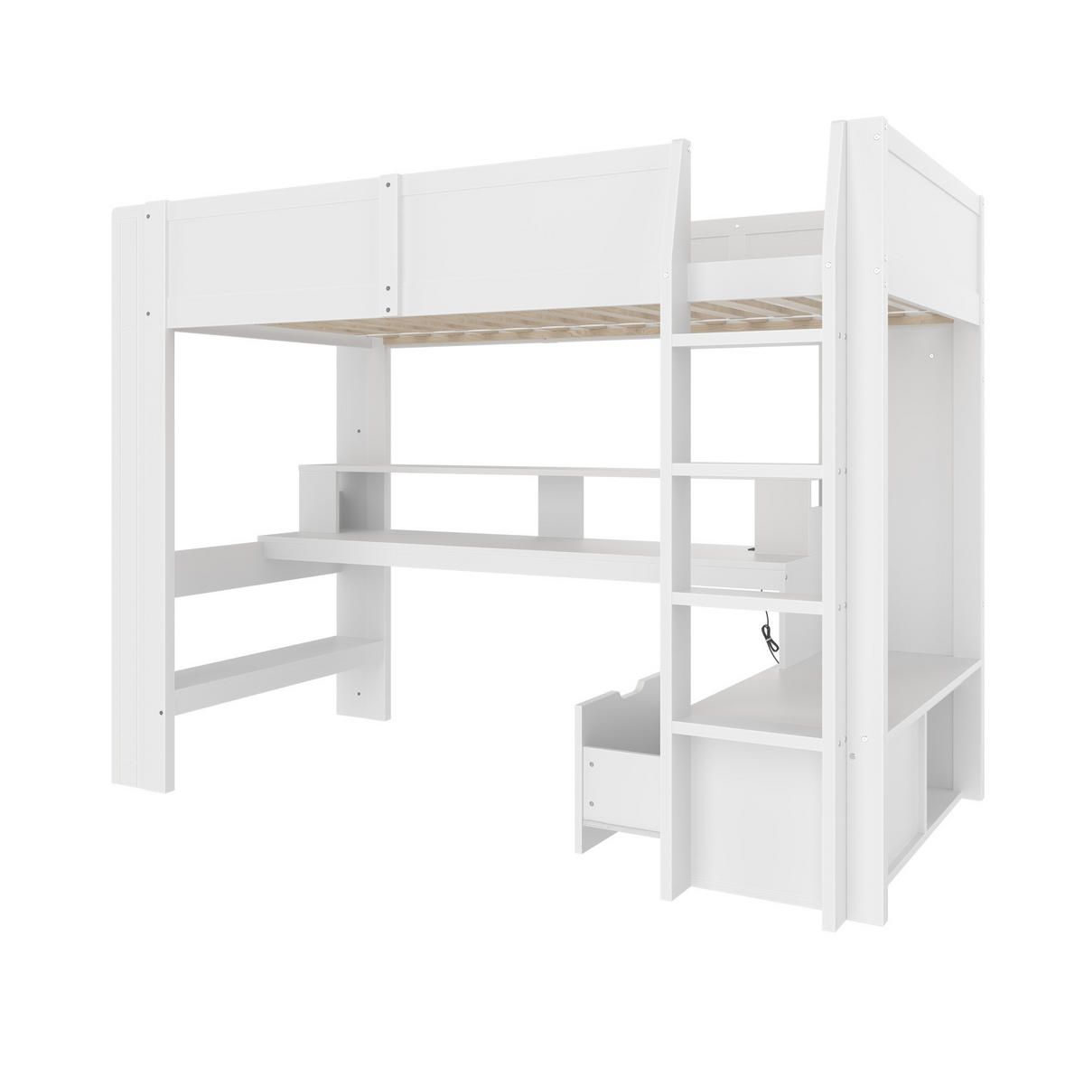 HOCHBETT 90/200 cm weiß aus Kiefernholz mit Schreibtisch, LED und Stauraum - Weiß, Holzwerkstoff (90/200cm) - OKWISH
