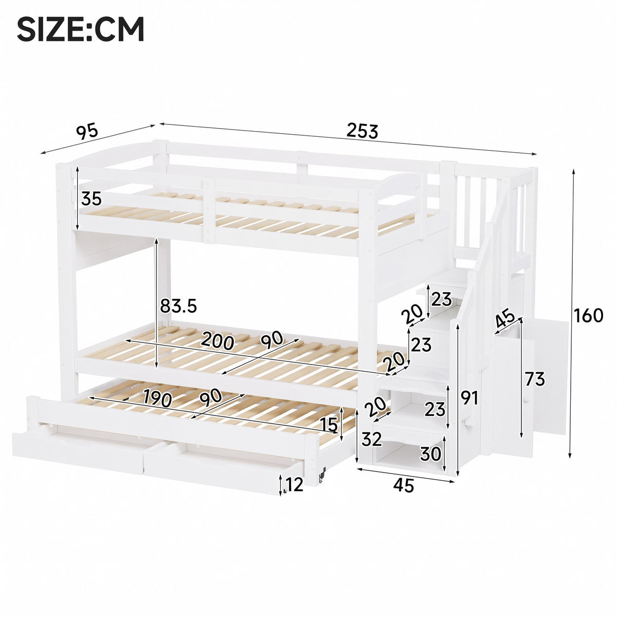 ETAGENBETT 90x200 cm mit mehrstufiger Aufbewahrungstreppe, Weiß - Weiß, Holz (90/200cm) - KOMHTOM