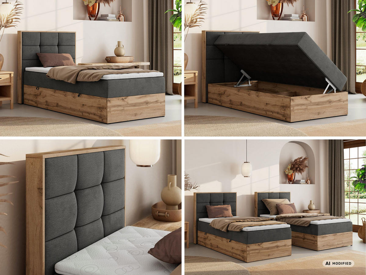 BOXBETT ALBERO 1 90/200 - Dunkelgrau Velvet - Topper Visco - H3 - Links - Dunkelgrau/Schwarz, Kunststoff/Textil (90/200cm) - MKS