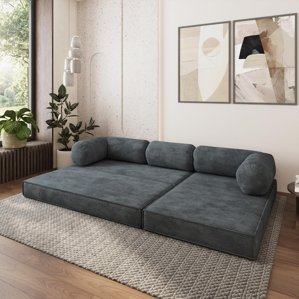 ROHOVÁ SEDAČKA ETERA modulární Boneless pohovka s funkcí spaní, grafitová POSO 34 - tmavě šedá, textil (270/160cm) - MASSENO