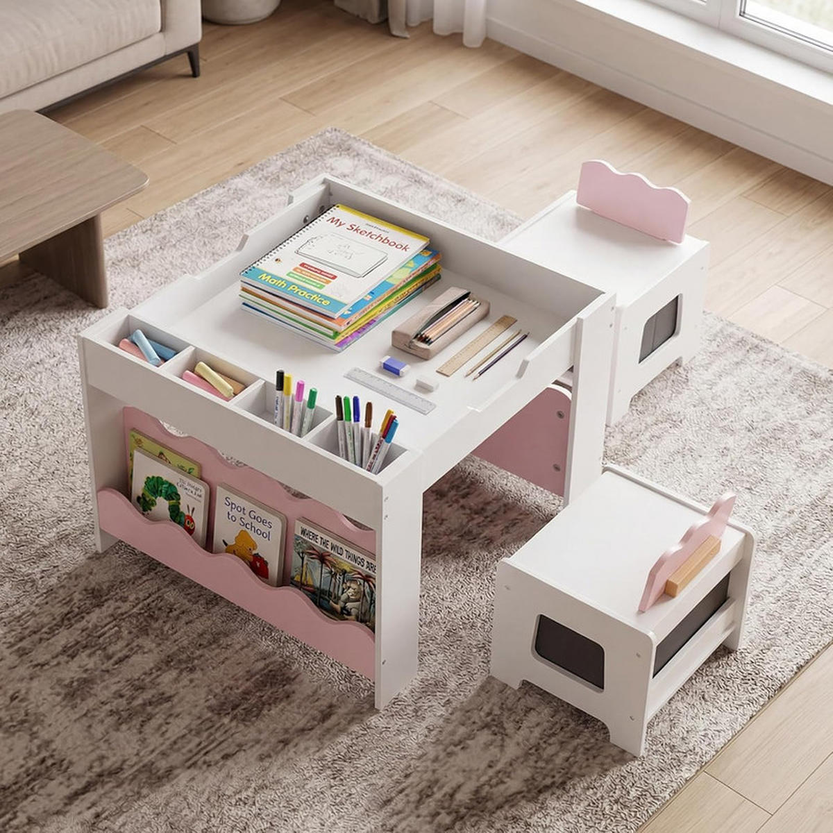 KINDERTISCH mit Stuhl rosa(3-tlg) - Pink, Holzwerkstoff (66/48/64cm) - COSTWAY