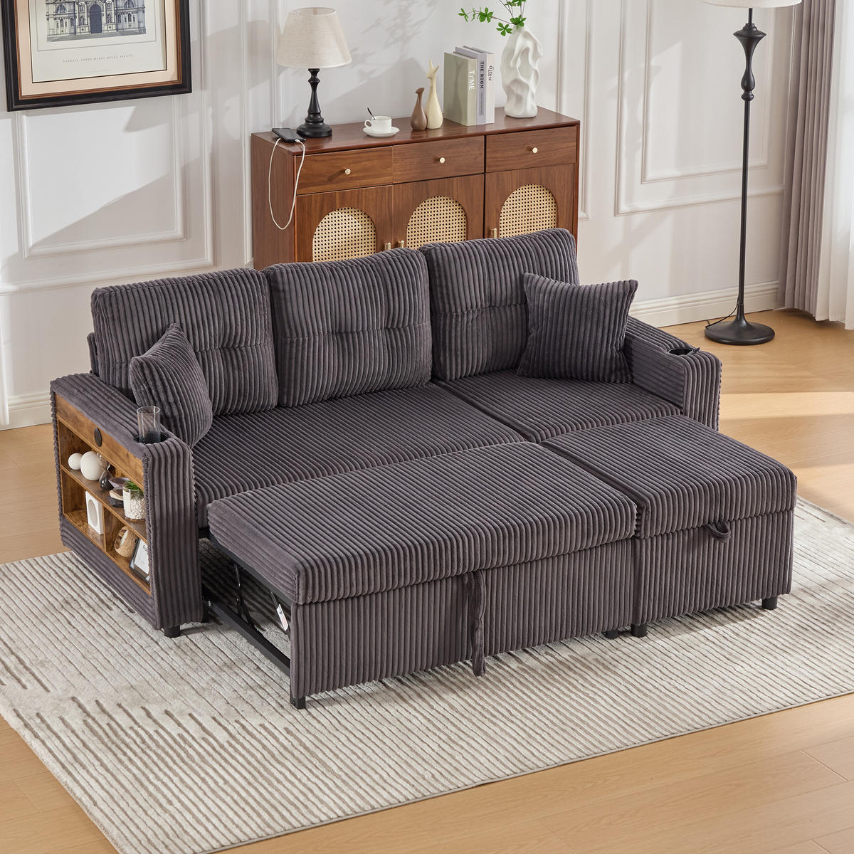 ECKSCHLAFSOFA 196/144/85 cm Dunkelgrau mit Stauraum, USB-C, Ambientebeleuchtung und Getränkehaltern - Dunkelgrau, Textil (196/82cm) - Oxeza