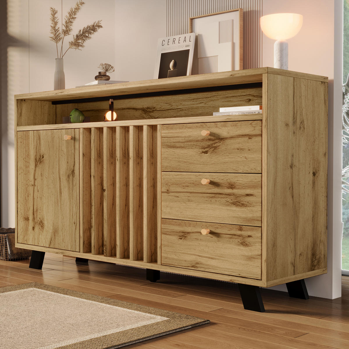 SIDEBOARD aus Holz 120x40x85 cm Dunkle Eiche mit 3 Schubladen, 2 Türen, offenem Fach und Lamellenfront - Braun, Holzwerkstoff (120/85/40cm) - Modfu