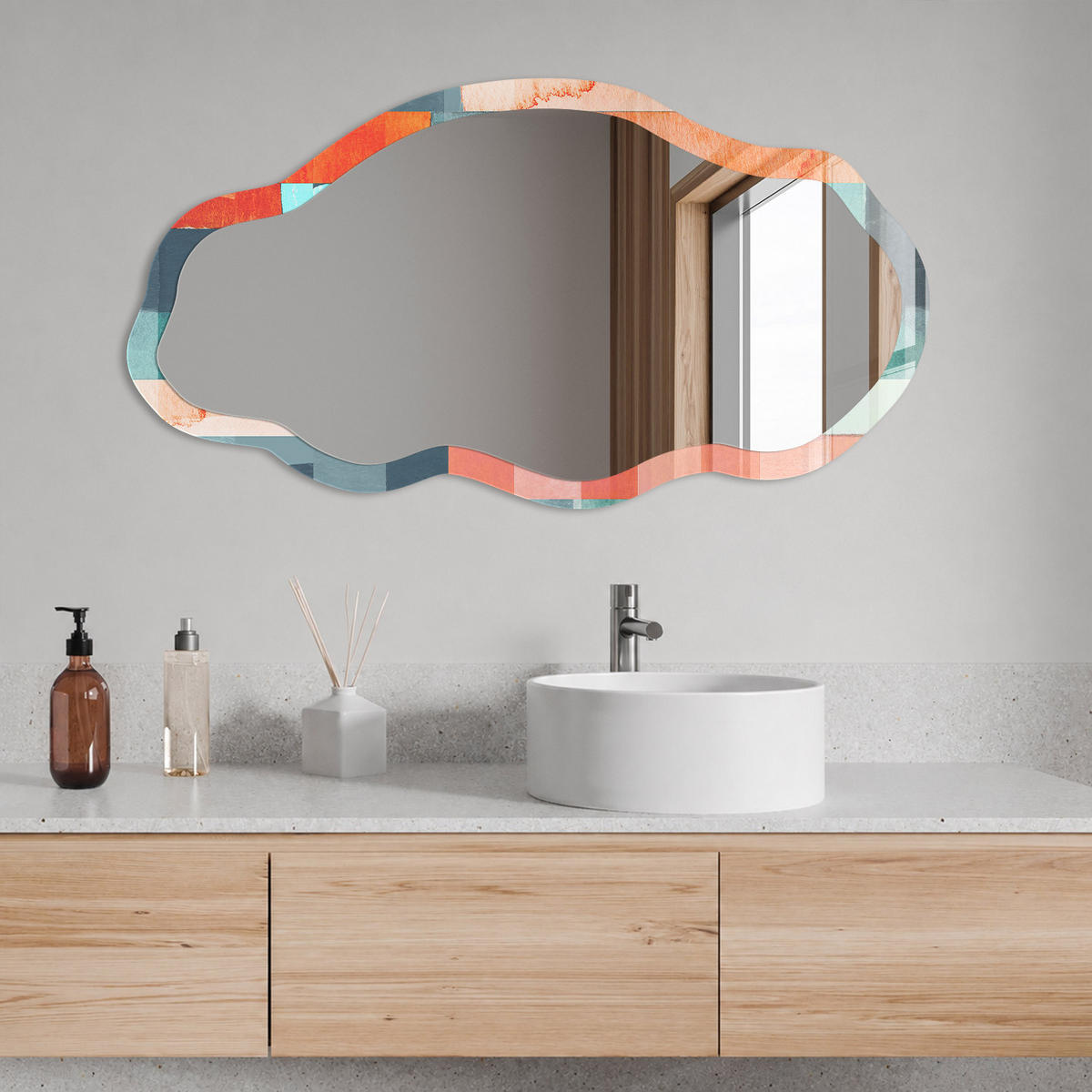 SPIEGEL 90x45 cm asymmetrisch mit Druck - Farbige Blöcke - Transparent, Glas (45/90/0.4cm) - TULUP