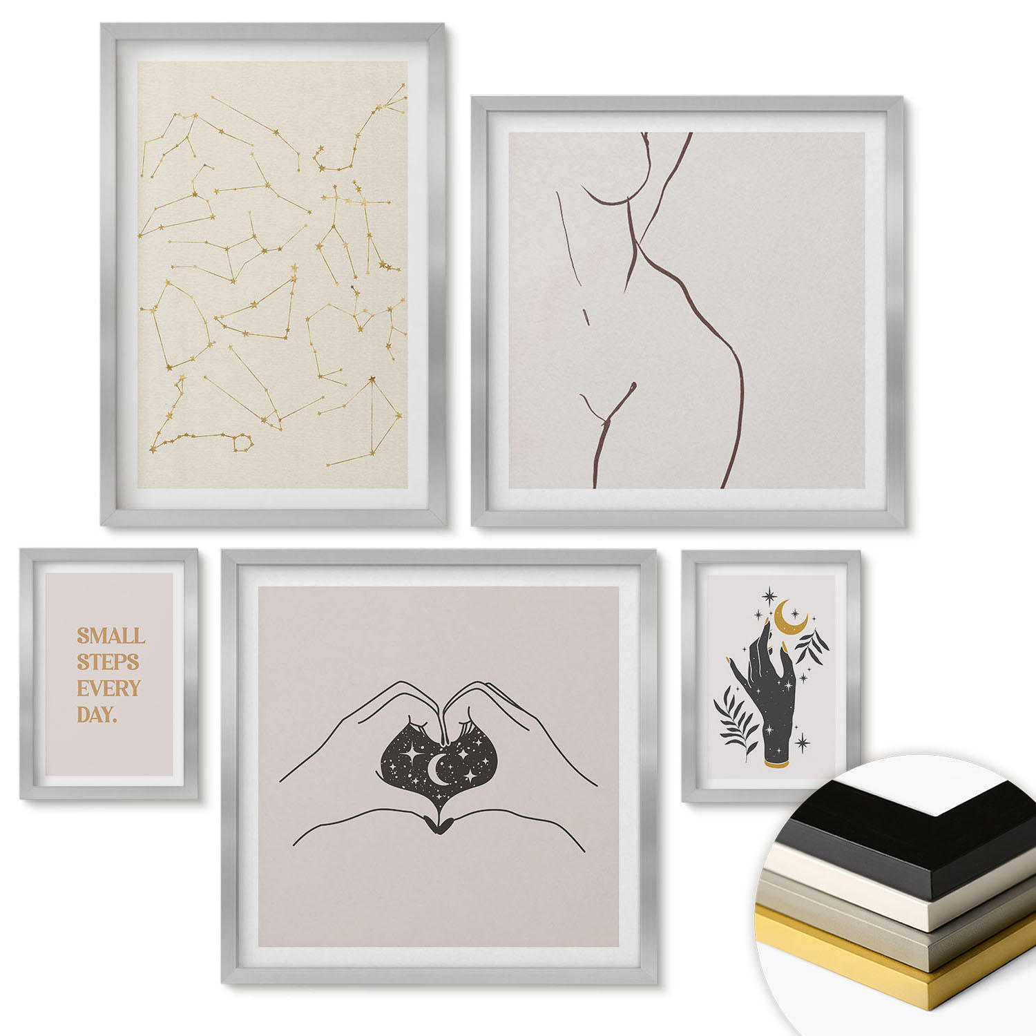 WANDBILDER 5er Set - 50x50 cm & 20x30 cm & 40x60 cm Silberner Rahmen - Minimalistische Boho-Illustrationen - Silberfarben, Kunststoff (40/60cm) - ArtPrintCave