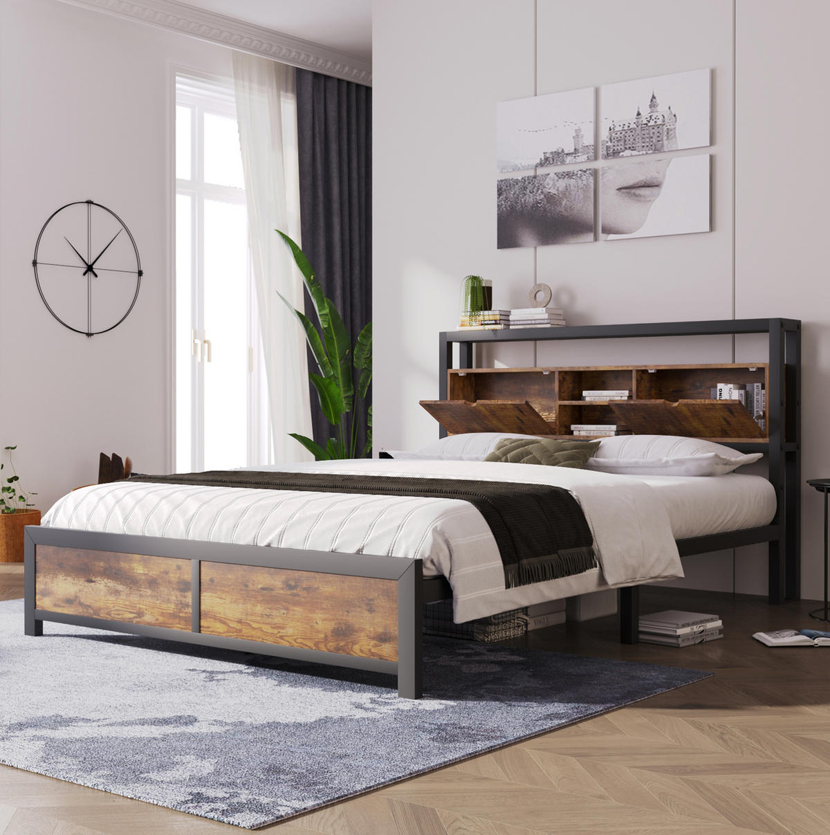 KOVOVÁ postel 140/200 cm s úložným čelem a kovovým lamelovým roštem, úložný prostor pod postelí, Přírodní - přírodní, kov (140/200cm) - Redom