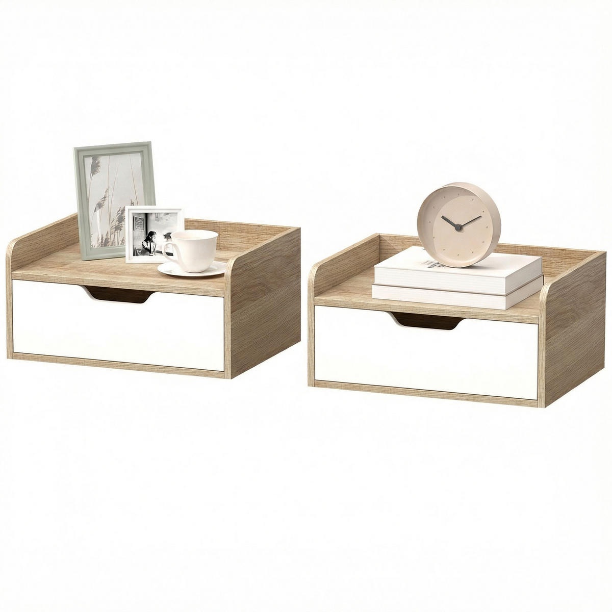 NACHTTISCH Natur Weiß Holzwerkstoff wandhängend mit Schublade 2er-Set - Naturfarben, Holzwerkstoff (40/19.5/30cm) - PANGIVO