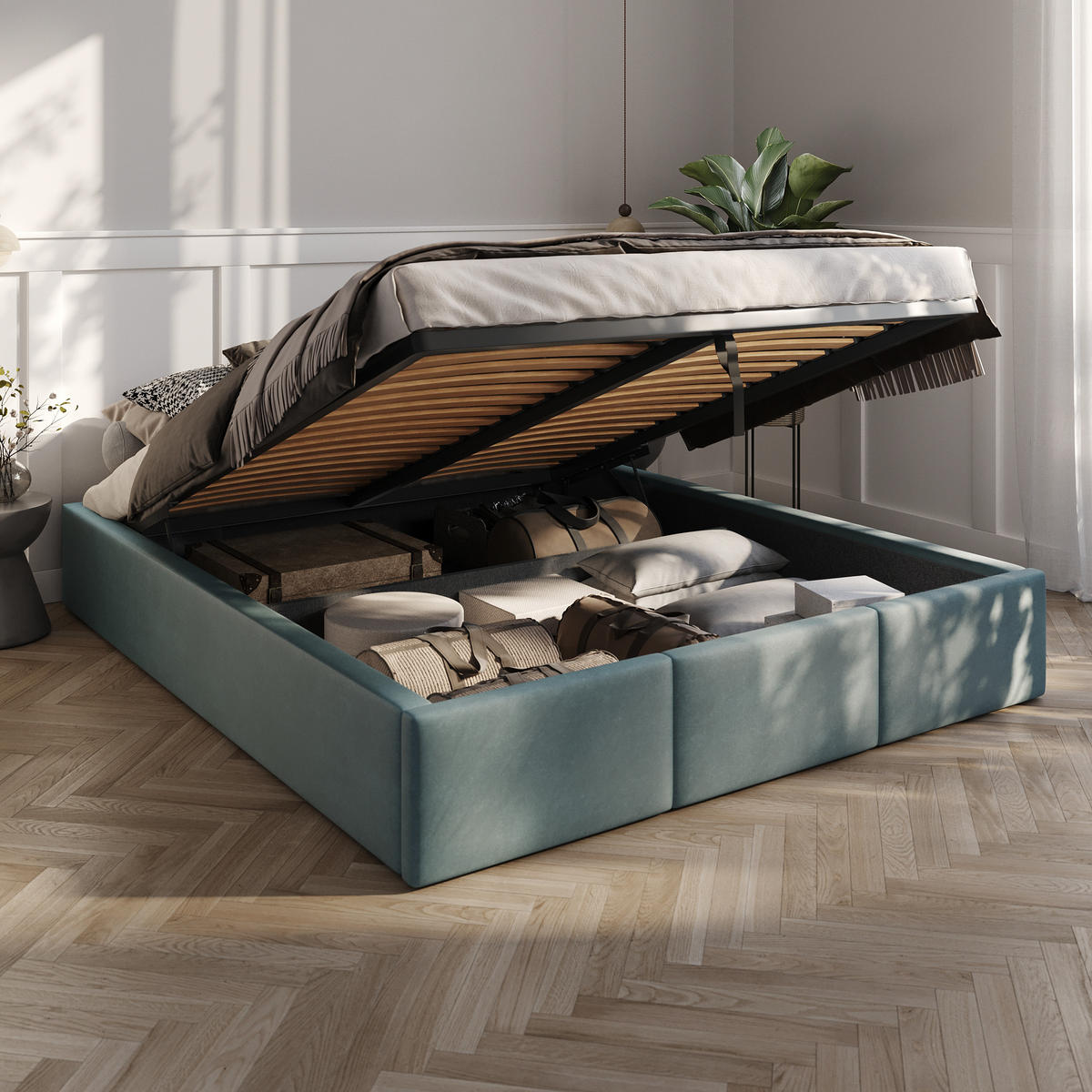 POLSTERBETT für Schlafzimmer Bett mit Stauraum Meerfarbe 160x200cm - Blau, Holzwerkstoff/Textil - Muralo