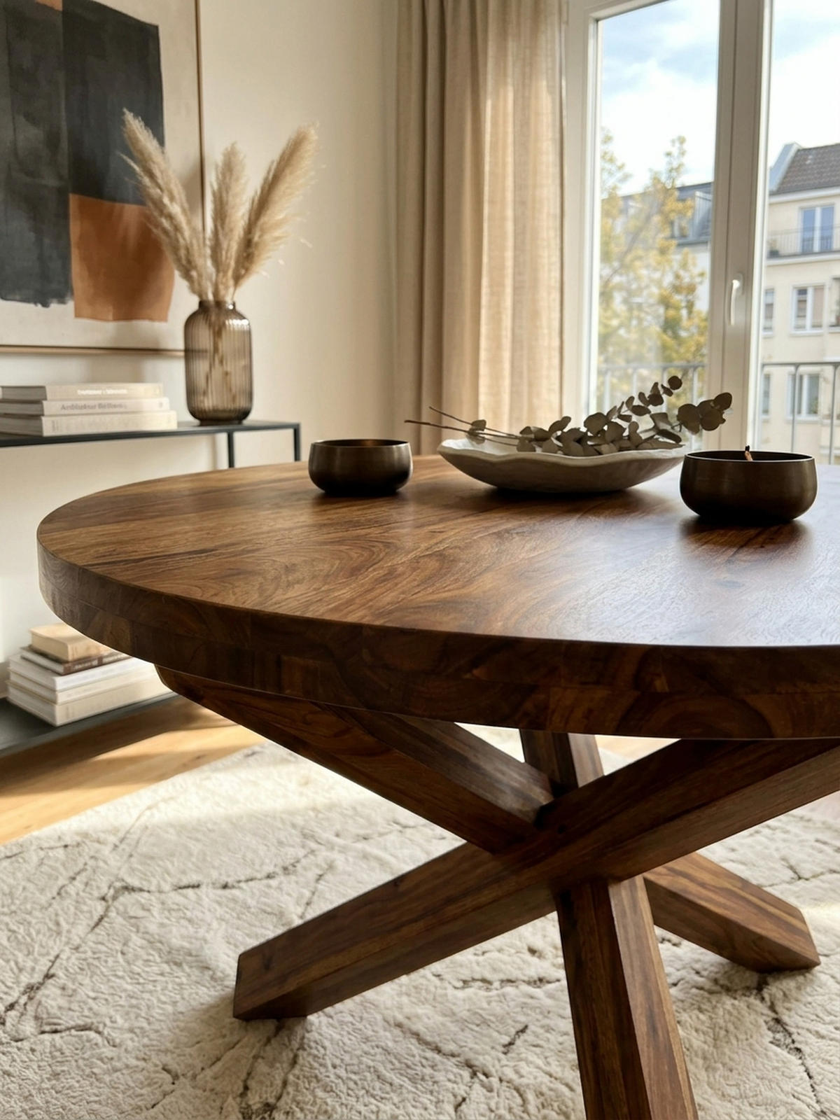 ESSTISCH Massivholz Rund Kreuzbeine Handgefertigt TEKO, Braun 120x120x75 cm - Braun, Holz (120/120/75cm) - KADIMA DESIGN