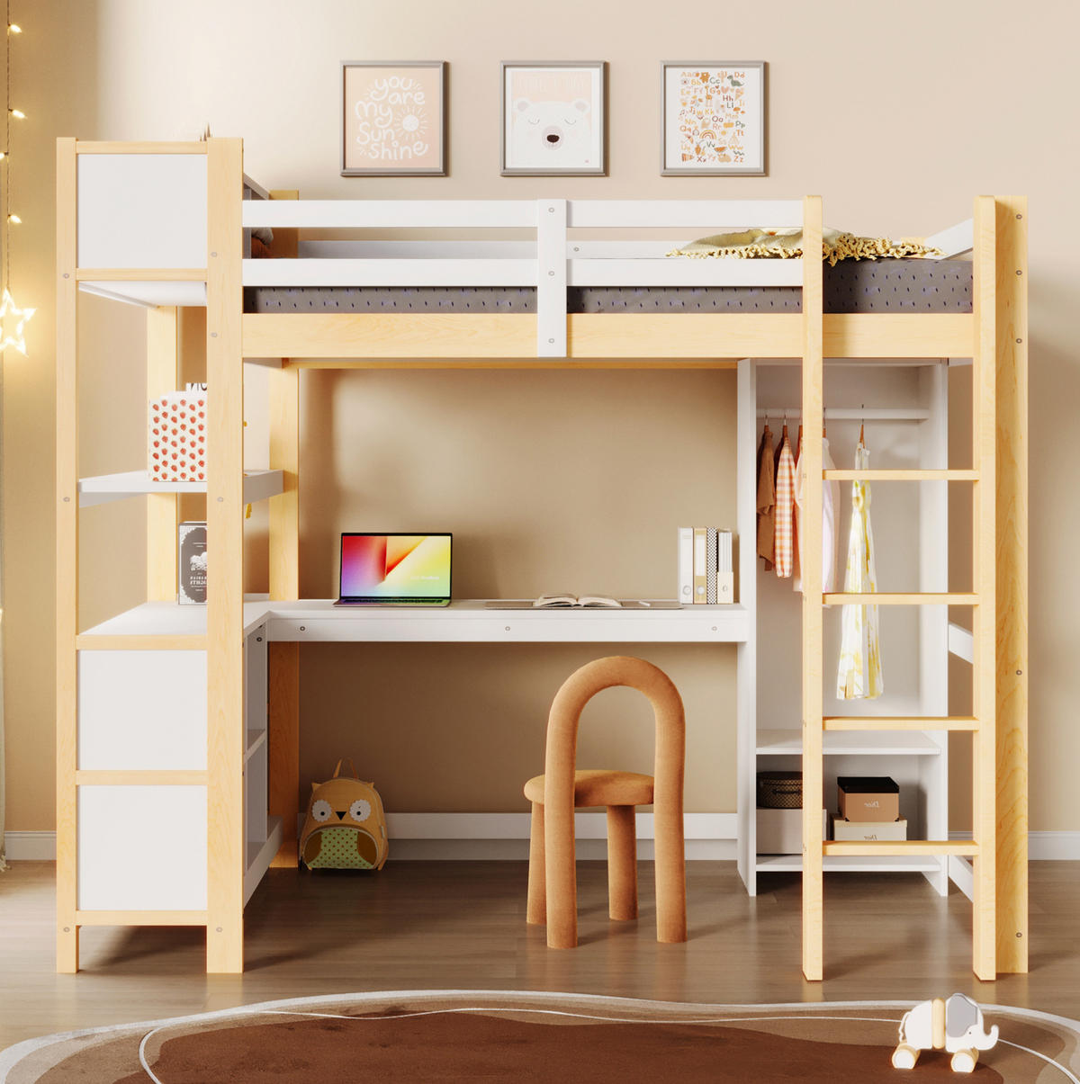 HOCHBETT 140/200 cm mit Schreibtisch, Regalen und Kleiderschrank aus Kiefern, Natur/Weiß - Weiß, Holzwerkstoff (140/200cm) - Redom