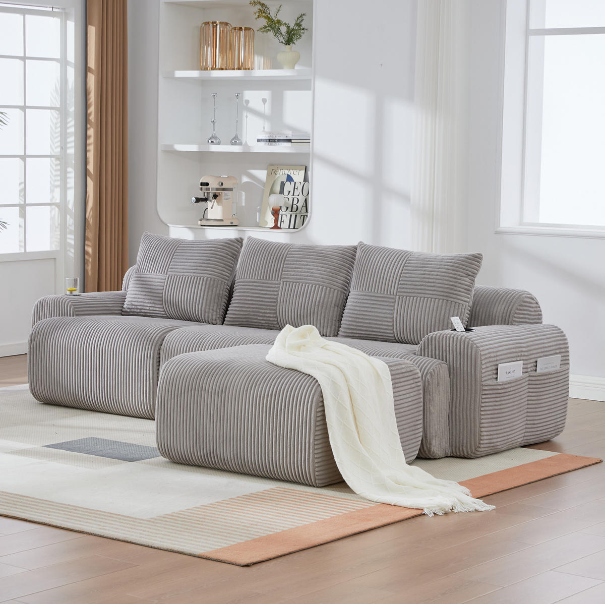 SOFA modular 3-Sitzer 268 x 174 cm Cord Hellgrau mit Hockern - Hellgrau, Kunststoff (174/268cm) - Meubliv