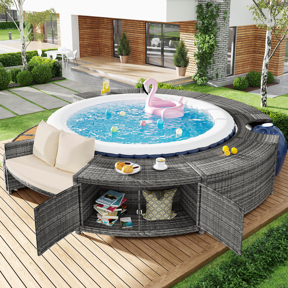 GARTEN Lounge Set mit runder Couch für Whirlpool oder Poolbereich mit verstellbaren Füßen und Kissen Terrasse Garten - Grau, Metall