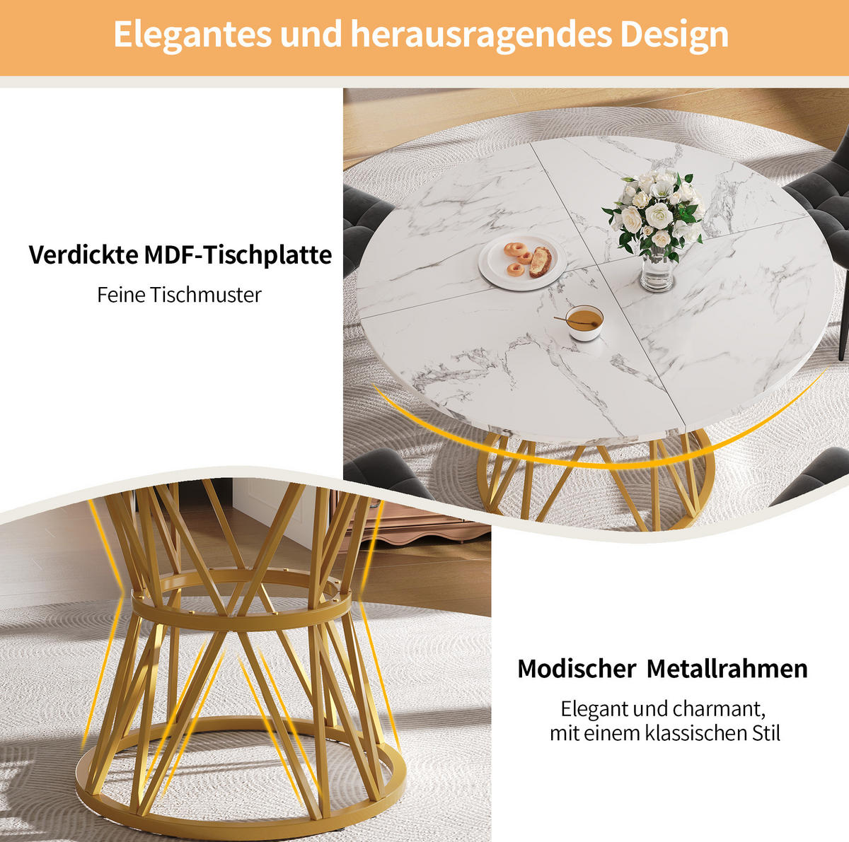 ESSTISCH, MDF mit Marmoroptik & Metallgestell, 100/100/76 cm, Gold - Goldfarben, Holzwerkstoff (100/100/76cm) - Redom