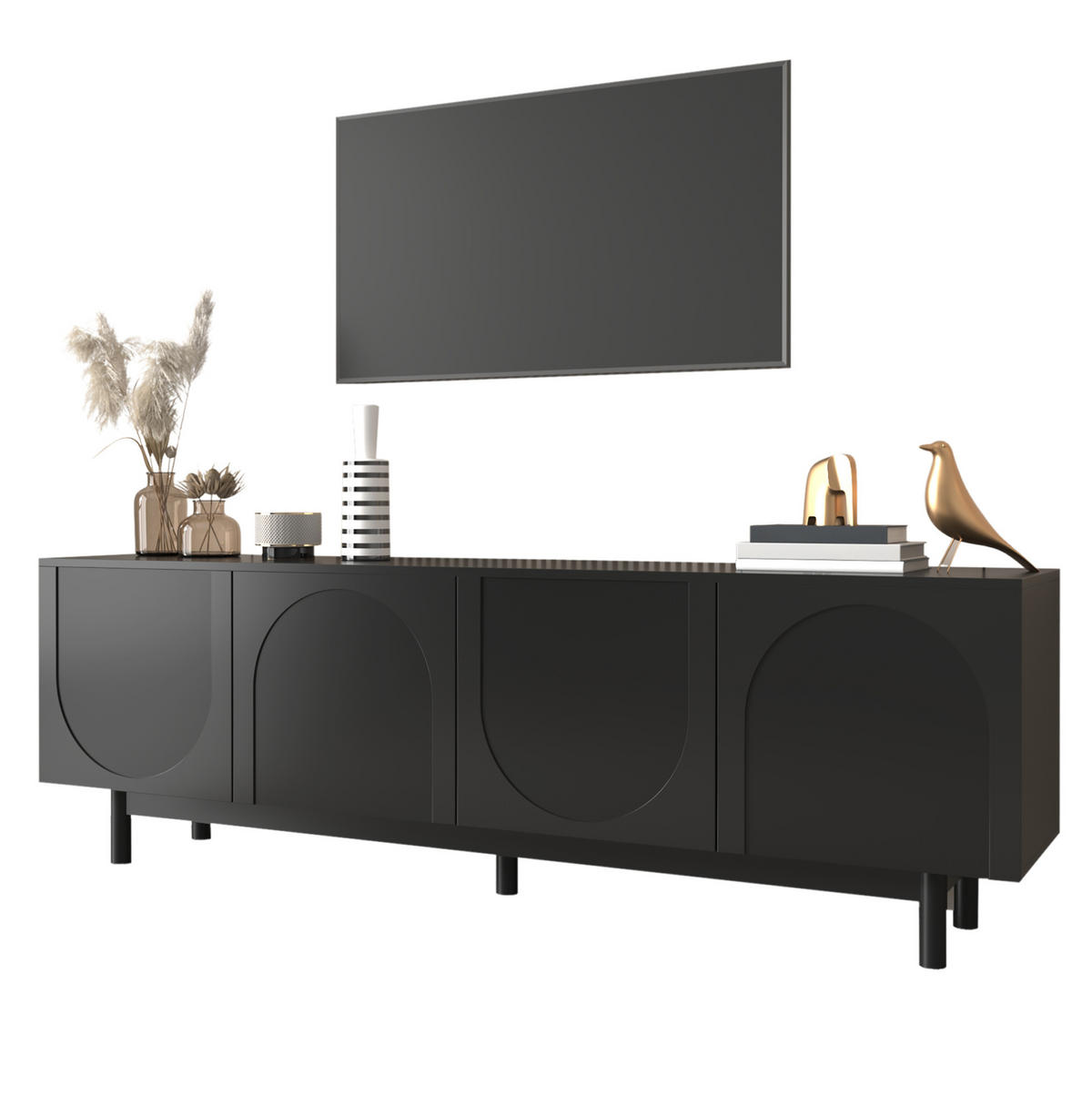 TV-SCHRANK aus MDF und Spanplatte 175x38x56 cm Schwarz mit Push-to-Open und verstellbaren Einlegeböden - Schwarz, Holzwerkstoff (175/56/38cm) - Modfu