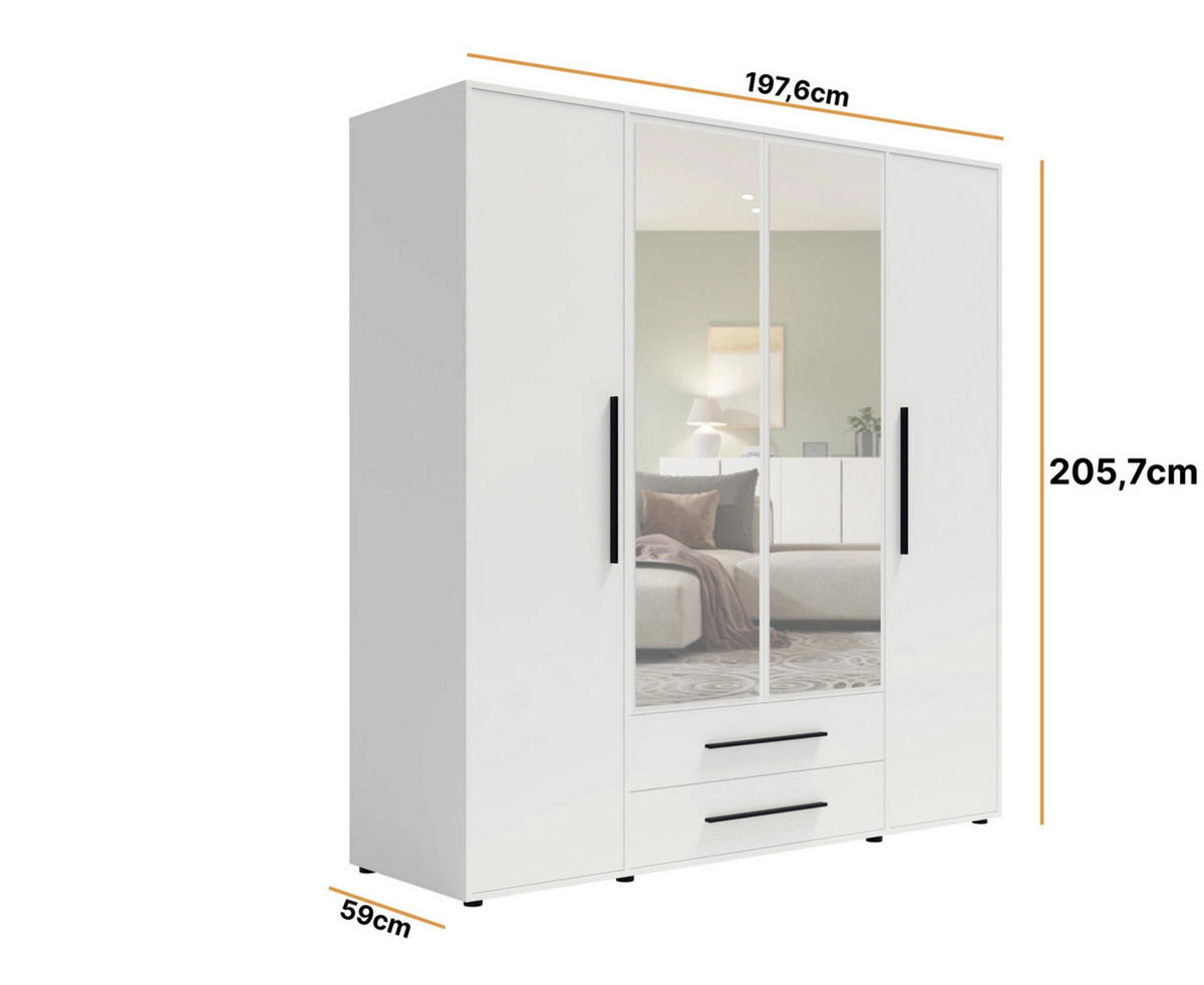 KLEIDERSCHRANK Modena in weißer Farbe, mit Spiegel, mit Tür, mit Türen und Schubladen - Schwarz/Weiß, Holzwerkstoff/Kunststoff (200/206/59cm) - Ravio