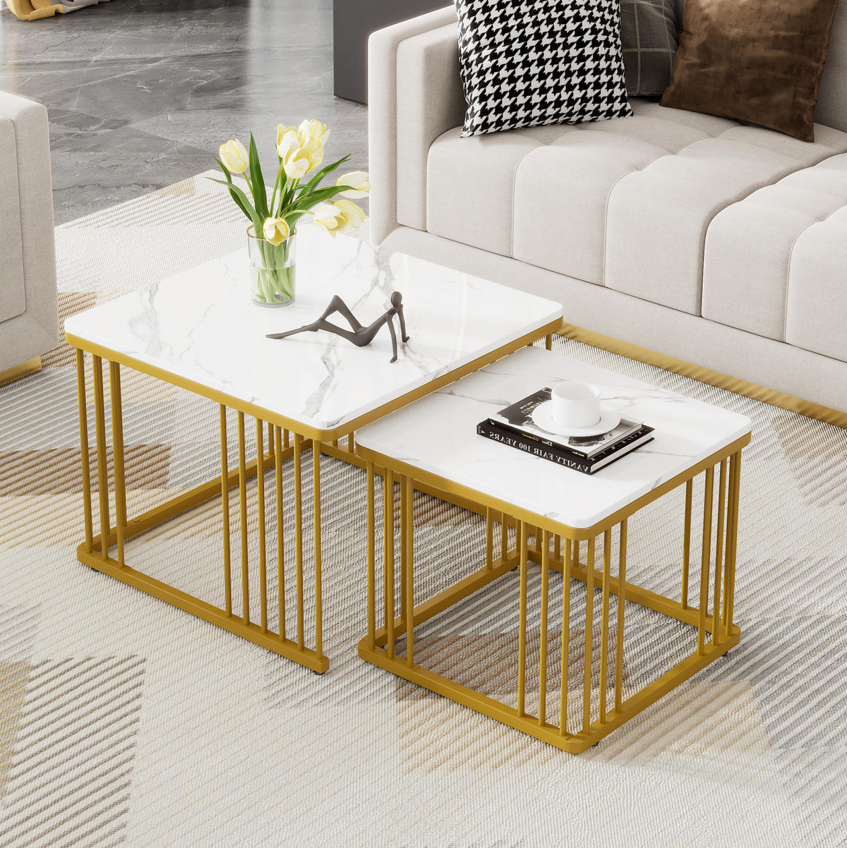 COUCHTISCH 2er-Set ineinanderschiebbar 60 x 60/45 x 45 cm Marmoroptik Weiß - Weiß, Metall (60/60/45cm) - Meubliv